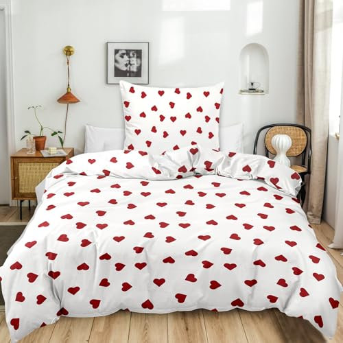 RANJIMA Bettwäsche 135x200 Mädchen Weiß Rosa Rot Herzen Kinder Bettwäsche aus Microfaser, Herzen Bettbezug und Kissenbezug 80x80 cm mit Reißverschluss, Geschenke zur Weihnachten für Kinder Mädchen