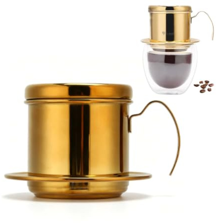 Beufee Mini-Kaffeemaschine, Camping-Perkolator, Kaffeekanne, Mini-Perkolator, Edelstahl, Kaffeetasse, Handkaffeetropf, Edelstahl Vietnamesischer Kaffee Tropfen Filter Tasse, Gold Infuser Maker