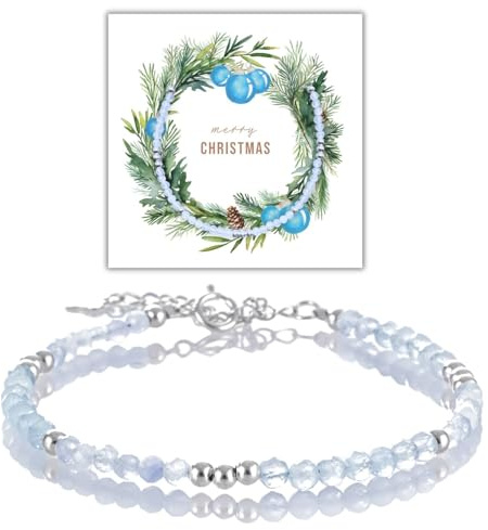 happymaker - Aquamarin Armband mit 925 Silber, Perlenarmband Damen, Edelsteinperlen faciert mit Sterling Silber Perlen, Geschenkverpackung für Weihnachten, handgefertigt in Deutschland