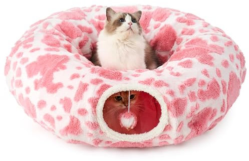 COZY KISS Cat Tunnel Bed for Indoor Cats, 33.5D Large Cat Donut Tunnel with Washable Circle Cushion, Round Pet Play Tunnel Tube Toy for Kitten/Puppy/Rabbits (Pink & White)