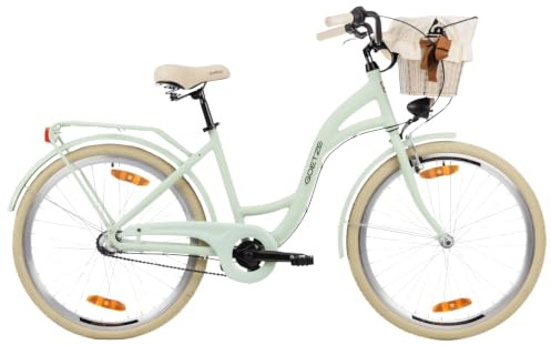 Goetze Style 26 Zoll ALU Damen Citybike Komfort-Fahrrad mit 3-Gang | 17 Zoll Aluminium Tiefeinsteiger, 14 kg, Rücktrittbremse & V-Brake, LED-Licht, Rattankorb, Gepäckträger & Ständer