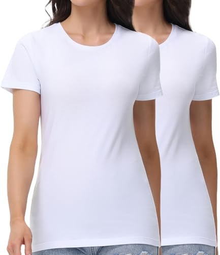 wirarpa Women's Cotton Crew Neck T Shirts Basic Short Sleeve Casual Tees Soft Everyday Undershirt Tops 2 Pack White Size M