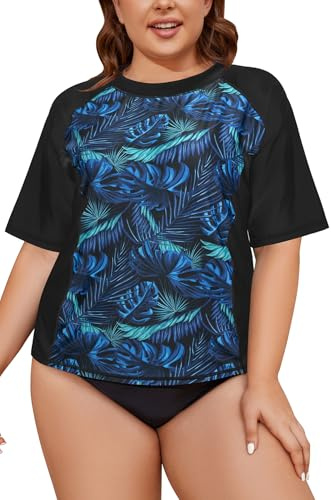 SHEKINI Womens Short Sleeve Rash Guard Tops Sun Protection Beach Swim Shirts for Women Quick Dry Lightweight Printed Swimming Tops Plus Size