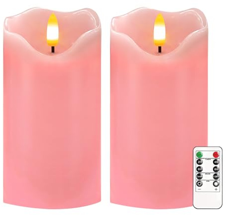 Justup 2 Stück Rosa Flammenlose LED-Kerzen mit Fernbedienung und Timer | Flackernde LED Kerzen, Dimmbare Säulen Kerzen Batteriebetrieben, Kerzen für Valentinstag, Weihnachten, Thanksgiving Dekor