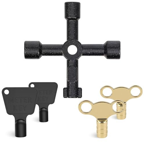 Trimming Shop 5pc Multi Utility Key Set – 2 Black Gas Meter Box Keys, 2 Radiator Bleed Keys and 4-Way Utility Key – Universal Key for Valves, Cabinets, Radiators & Utility Gas Meters