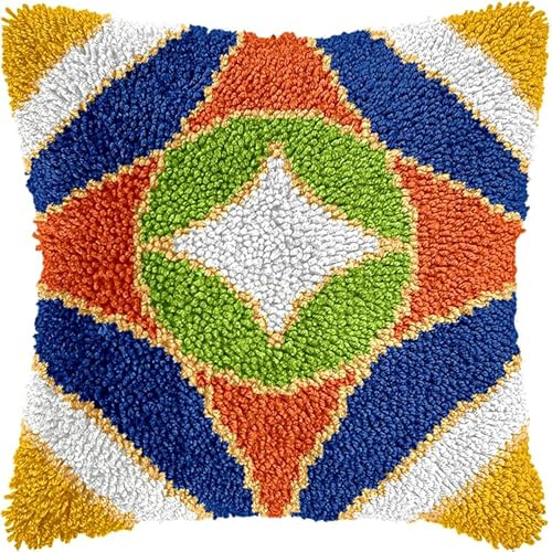 YarnAdventures Latch Hook Kit Cuscini Artigianato,Motivi di piastrelle colorate,Latch Hook Cuscino Kit,Decorazione Natalizia all'Uncinetto per Bambini,Adulti,43x43cm