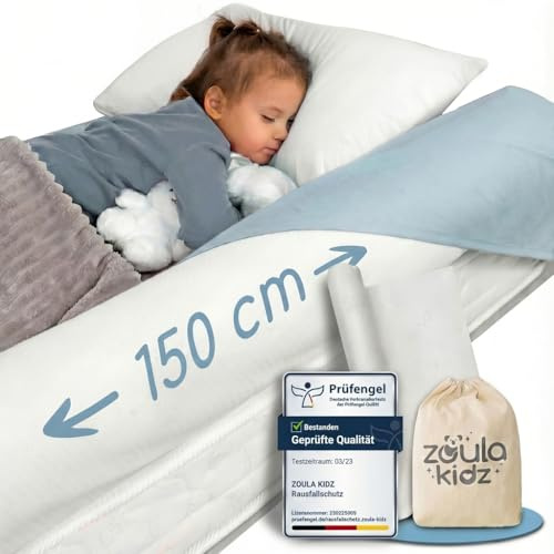 zoula kidz® Aufblasbarer Rausfallschutz Bett Reise 150cm - Oeko-TEX Bezug | Bettschutzgitter Boxspringbett & Kinderbett, weich & rutschfest, BPA-frei, Bettgitter Kinder 2-5 J., für alle Betten geeignet