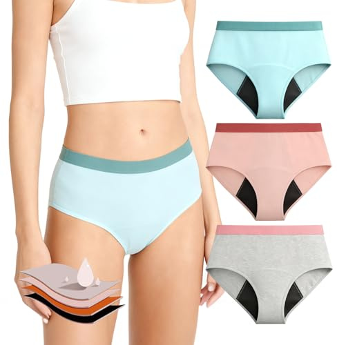 VGMANNTA 3 PCS Bragas Menstruales Niñas Lavables Period Underwear Absorción Transpirables Antibacterianas Ecológicas Niñas y Adolescentes, Incontinencia Leve (Verde, Large)