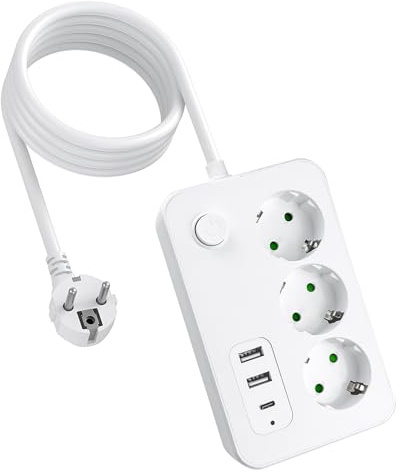 3 Fach Steckdose, Steckdosenleiste USB(2 Type-A, 1 Type-C), 1.8M Mehrfachsteckdose mit USB C, Mehrfachsteckdose mit überspannungsschutz für Haus, Reise und Büro, Weiß