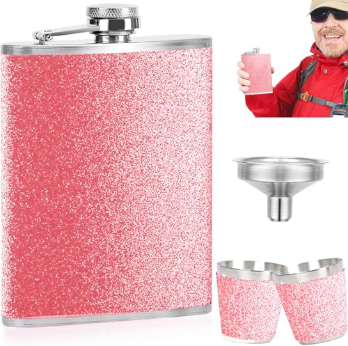 Ruayia Petaca de acero inoxidable de 240 ml, color rosa brillante, con 2 vasos de chupito, portátil, para hombres y mujeres, para whisky, ron y vodka, para viajes, fiestas, camping, color rosa claro