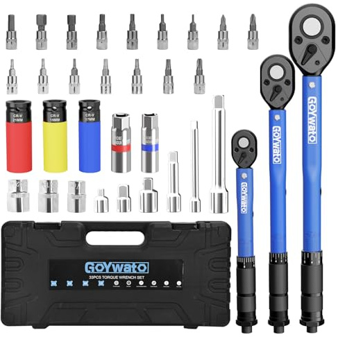 GoYwato 33PCs Torque Wrench Set - Dual-Scale 1/4 3/8 1/2 Drive Click Torque Wrenches Kit with ±3% Accuracy & 30 CR-V Bits&Sockets & Calibration Certificate & Case for Car Motorcycle Bike DIY Tasks
