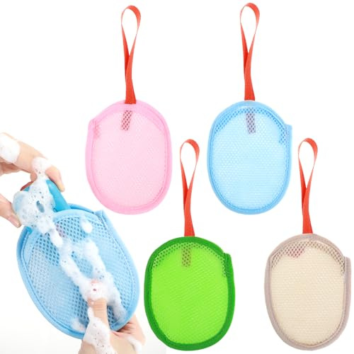 4 stycken nättvålpåsar, mild peeling tvålpåsar, tvålluffasvamp, tvålnätpåsar för kroppsrengöring, badpåse med handtag för dusch och bad (blå, rosa, grön, khaki)