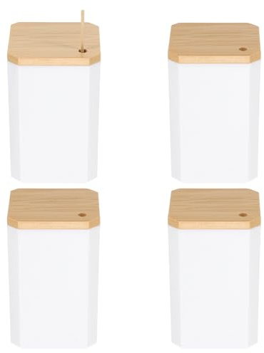 sourcing map Lot de 4 porte-cure-dents carrés simples blancs avec couvercle en bambou pour le rangement des cure-dents, aiguilles, cotons-tiges