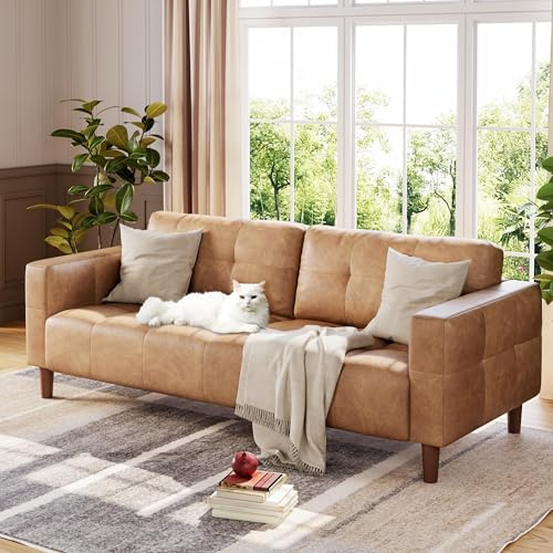 GAOMON 83 Inches 3-Seater Sofa Couch, Faux Leather Couch with Back Cushion, Waterproof, Wide Arm, Sturdy Support Feet, for Office, Living Room, Bedroom,Brown