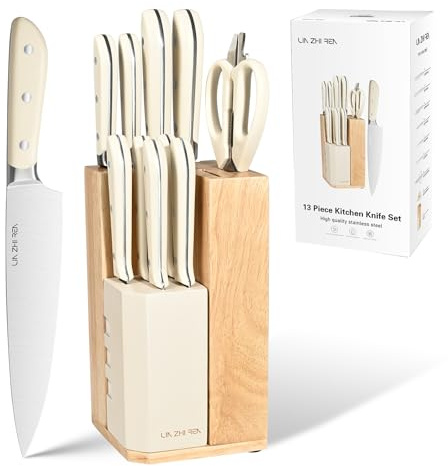 LIN ZHI REN 13 Piece Kitchen Knife Set with Built-in Sharpener, Professional Stainless Steel Knife Block Set, Full Tang Ergonomic Handle, Includes Chef, Santoku, Bread & 5 Steak Knives (White)
