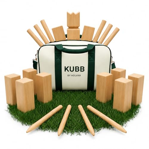 Kubb Wikingerschach aus Holz, Outdoor-Wurfspiel inkl. Tragetasche & Spielanleitung aus FSC Gummibaumholz, Turniergröße, Wikinger Schach Holz outdoor, Rasenschach, Outdoor Spiel, Wikinger Spiel outdoor