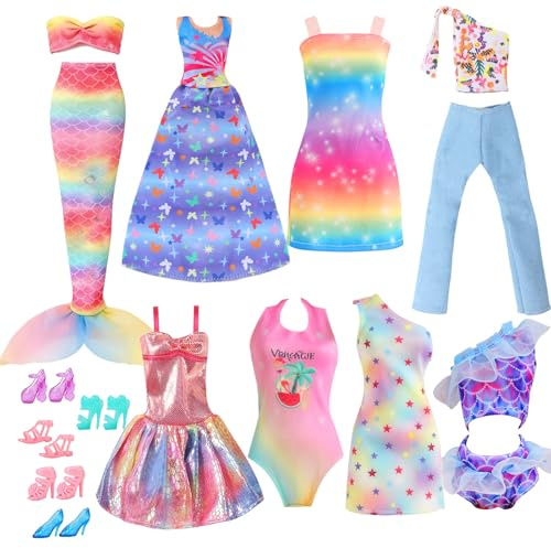 16 Kleidung Kompatibel mit 11.5in Puppen, Rosa Puppenkleidung enthält 1 Meerjungfrauenkleid 2 Trägeroberteile 2 Kleider 1 Hose 4 Badeanzüge und 5 Paar Schuhe für 11,5 Zoll Puppen, Geschenk für Mädche