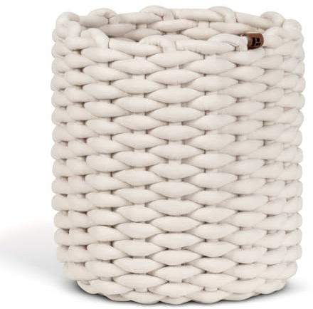Bigso runder Aufbewahrungskorb aus weichem Stoff, geflochtener Storage Basket, super soft Oberfläche, vielseitiger Ordnungshelfer für Bad, Wohnzimmer & Schlafzimmer, Größe M, Creme