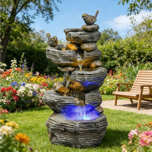 Fontaine d'eau en cascade de roche avec lumières LED pour décoration de jardin extérieur et patio