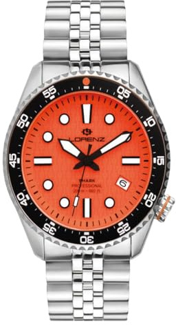 Lorenz Shark V 030255OR - Reloj deportivo automático para hombre - Reloj con correa de acero sumergible profesional hasta 200 metros - Caja con correa de goma de repuesto