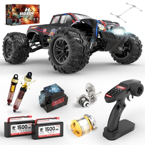 Hosim 1:10 Bürstenlose Ferngesteuertes Auto für Erwachsene & Jungen, 60+ KMH Schnell RC Cars, 4x4 Off Road IPX6 Wasserdicht All-Terrain Hobby RC Truck, mit 2 Akkus 7.4V 40+ Min für Jungen & Kinder