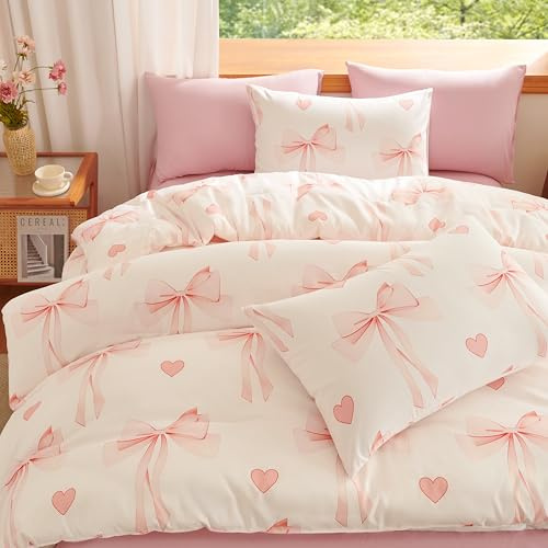 Sedefen Schleife Bettwäsche 135x200cm Beige Rosa Schleifen Mädchen Wendebettwäsche Set Kinder Herzen Schleifenmuster Weich Microfaser ÖKO-TEX Bettbezug mit Reißverschluss und 1 Kissenbezug 80x80cm