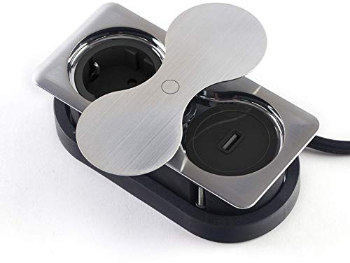 Prise de Courant Intégrée carrée (1 x Port USB / 1 x Prise Schuko) Finition Acier Inox avec Push to open Couvercle