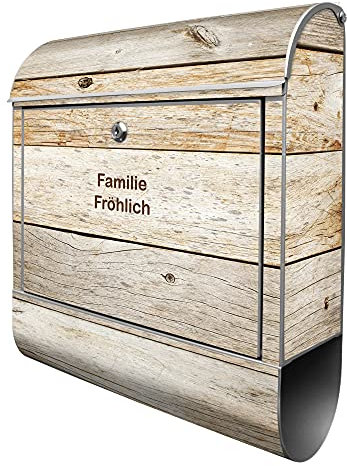 banjado Design Briefkasten personalisiert Graues Holz 38,5x46,5x13cm & 2 Schlüssel - Briefkasten Stahl Silber Zeitungsfach pulverbeschichtet - Postkasten A4 Einwurf inkl. Montagematerial