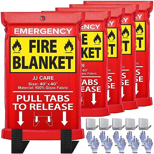 JJ CARE Fire Blanket – 5 Packs with Hooks and Gloves – 40 x 40 Emergency Fire Blanket for Home & Kitchen, High Heat Resistant Fire Suppression Blankets for Home Safety, Kitchen, and Camping