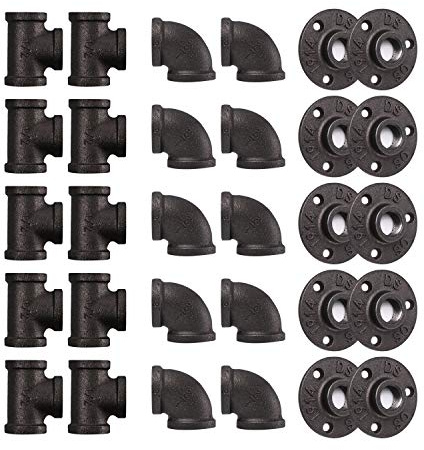Home TZH 1/2 Pipe Fitting, 30 Pack Gray Floor Flange/Elbow/Tee Combo for Industrial vintage style, Flanges/Elbow/Tee with Threaded Hole for DIY Project/Furniture/Shelving Decoration (30, 1/2)