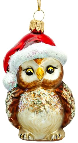 SIKORA Eule mit Weihnachtsmütze besondere Weihnachtskugel Glas Christbaumschmuck Deko Figur Weihnachten Anhänger Ornament - Meisterstücke - BS710, Variante:braun