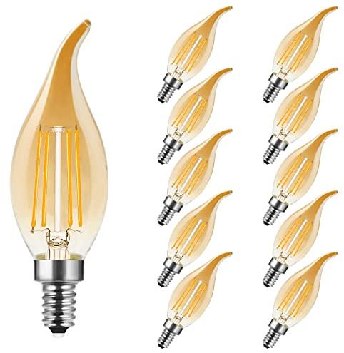 MZYOYO E14 LED Kerze Lampe,E14 4W Classic Kerzenform Filament,Filament Fadenlampe,2700K Warmweiß,ersetzt 35 Watt,nicht dimmbar,Amber Glas,10 Stück
