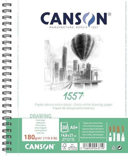 CANSON 1557® Spiralalbum 30 Blatt Zeichenpapier – leichte Körnung – A5+ 180 g/m² – extra weiß