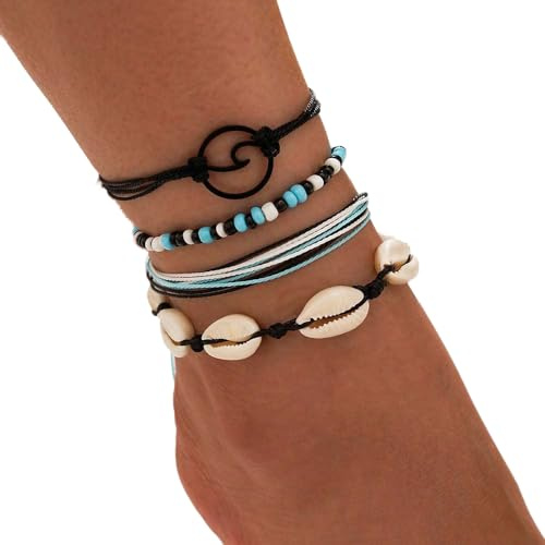 SINLOV 4 PCS Boho Perles Semi Couches Vague Cheville Femmes Tissé Corde Cheville Bracelet Bohème Charme Délicat Pied Bijoux pour Femmes