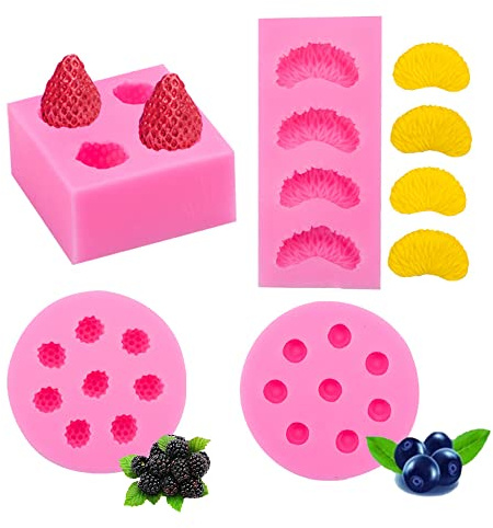 Cestony 4pcs 3D Mini fruta fresa naranja frambuesa arándano forma moldes de silicona para pastel DIY fondant galletas jabón azúcar pudín chocolate dulces duros postre decoración