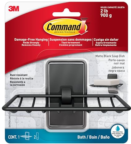 Command Soap Dish for Shower, Damage-Free Hanging, No Tools Soap Holder for Bathroom Organization, 1 Matte Black Dish and 2 Water-Resistant Strips