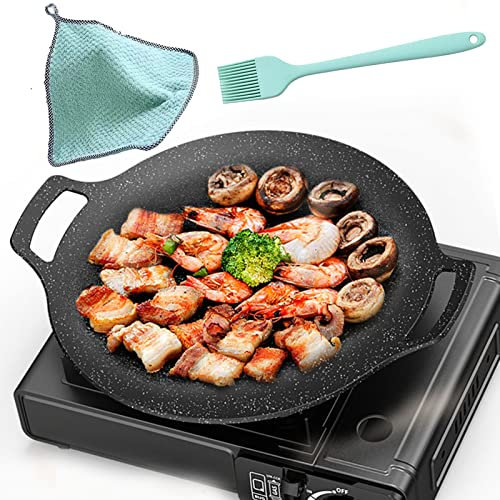 Rwoora Grill Pan,13 Inch Non-stick Baking Pan+Brush+dry Cloth,Barbecue Pot Outdoor Camping Grill Plate Fry Pan for Stove Tops &Induction Compatible (33cm/13inch)