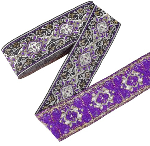 FINGERINSPIRE 7 m Schwarz Lila Vintage Jacquardband 48 mm Dunkles Orchideen Blumenmuster Stickerei Gewebte Bordüre Ethno Polyester Stoff Bordüre Retro Tiroler Band Für Kleidung Und Basteldekoration