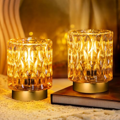MJ PREMIER Tischlampe Kabellose 2er Set Amber Nachttischlampe mit Timer | Kristall-Optik Tischleuchte Batteriebetriebene LED Lampe Für Wohnzimmer, Schlafzimmer,Notbeleuchtung bei Stromausfall Amber