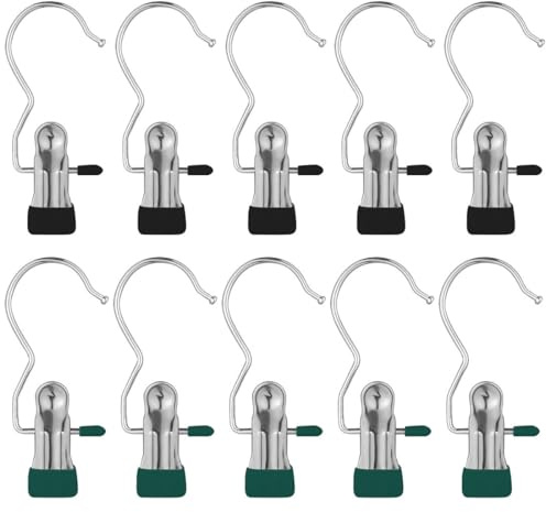 BZKSER mollette Panni - 10pcs Mollette Grucce Ganci a Clip Lavanderia Portatile Tende Metallo dell'Acciaio Inossidabile con Clip Antiscivolo Appendini da Viaggio per Scarpe Calze Stivali Asciugamano
