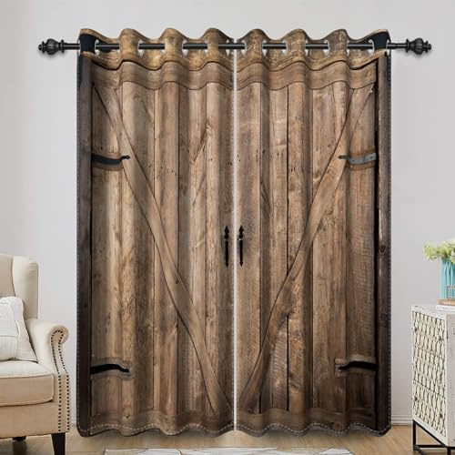 Bovlleetd Fattoria Legno Blackout Tende Vintage Marrone Fienile Porta Finestra Trattamento Campagna Rustico Camera Rurale Oscuramento Tende 117x138cm (Larghezza x Lunghezza) Set 2 teli per pannelli