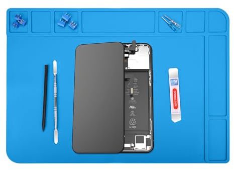 MMOBIEL Reparatur- und Lötmatte Silikon - 48 x 34 cm – Silikonmatte Hitzebeständig bis 500°C - Werkbankmatte für Lötarbeiten, Handy-, Computer- und Elektronikreparaturen - Silikon-Lötmatte – Blau