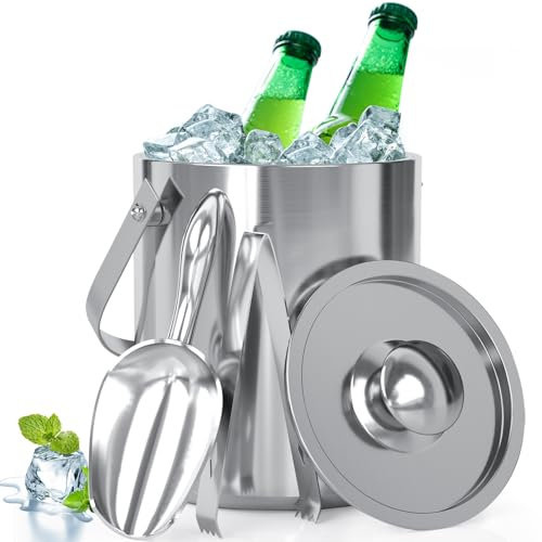 Secchiello Ghiaccio 2L Acciaio Inox a Doppia Parete Isolante, Secchiello Ghiaccio Vino Inclusa Coperchio, pinze e Pala, Porta Ghiaccio Cestello Ghiaccio Portaghiaccio per Bar Casa Champagne Bevande