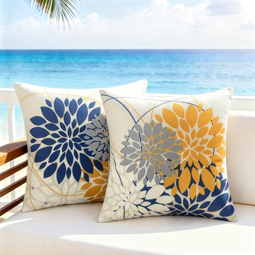 DecorMommt Sofakissen 50x50cm wasserdichte Kissenbezug Blau Gelb Dekorative Outdoor Kissen Geometrische Dahlie Blumen Muster Dekokissen Quadrat Kissenbezüge Leinen für Wohnzimmer Garten Terrasse Sofa