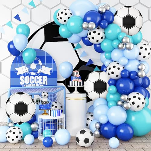 Football Balloon Arch Garland Kit, 5/10/12/18 Inch Royal Blue White Teal Blue Balloons Decorations with Soccer Foil Balloons for Men Women Teen Kids Soccer Football Theme Birthday Party Decor Supplies