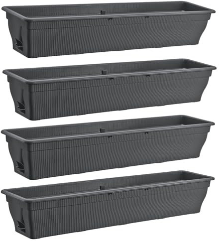 4X Balkonkasten 100cm Blumenkasten mit Wasserspeicher anthrazit, 25 L - Blumenkästen wetterfest Pflanzkasten mit Einsatz Lange Balkonkästen für Garten und Balkon witterungsbeständig, Anthrazit/Grau