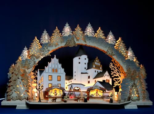 LED Schwibbogen Weihnachtsmarkt am Schloß, Exclusiv schattiert, 72cm - inklusive Aufsetzelemente - Feine Handwerkskunst aus dem Erzgebirge