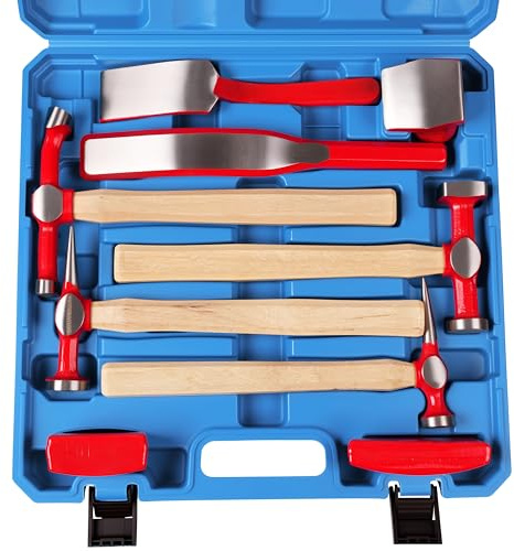 9 pcs Heavy Auto Body Repair Tool Hammer Dolly Set, Car Body Repair Tool Kit with Carrying Case, Hickory Handles, Fender Repair kit