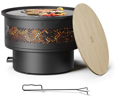 Foyer de 66 cm avec grille et couvercle, foyers pour extérieur à bois avec tisonnier, foyer d'extérieur multifonction pour barbecue, table, feu de camp, camping, jardin, terrasse, pique-nique