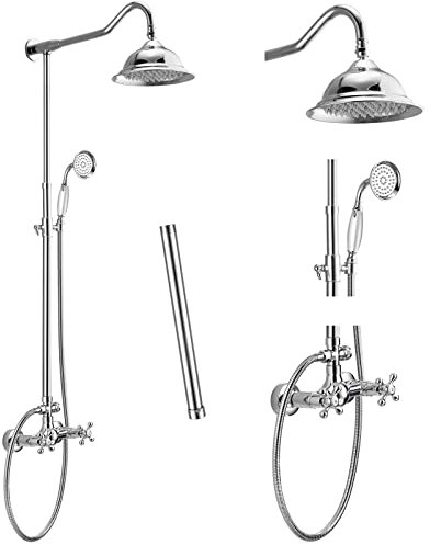 Shower Faucet Polish Chrome 8 Inch Rainfall Shower Head 12 Inch Extension Tube Included Handheld Spray Shower Fixture Dual Knobs Mixer Bathroom Shower System Combo Set Wall Mount